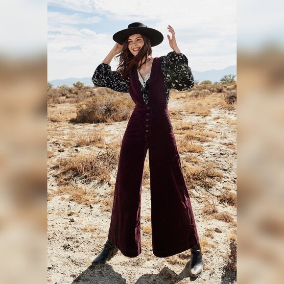 ISO We The Free Free People Old School Love Jumpsuit Overalls Burgundy Purple 24 - Picture 2 of 2